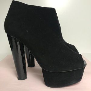 Emelio Frank Black Suede Heeled Platform Booties Sz 7.5